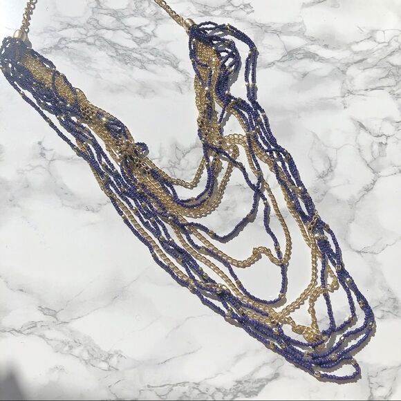 2/$20 Blue Gold Beaded Chunky Layered Necklace - Picture 1 of 2